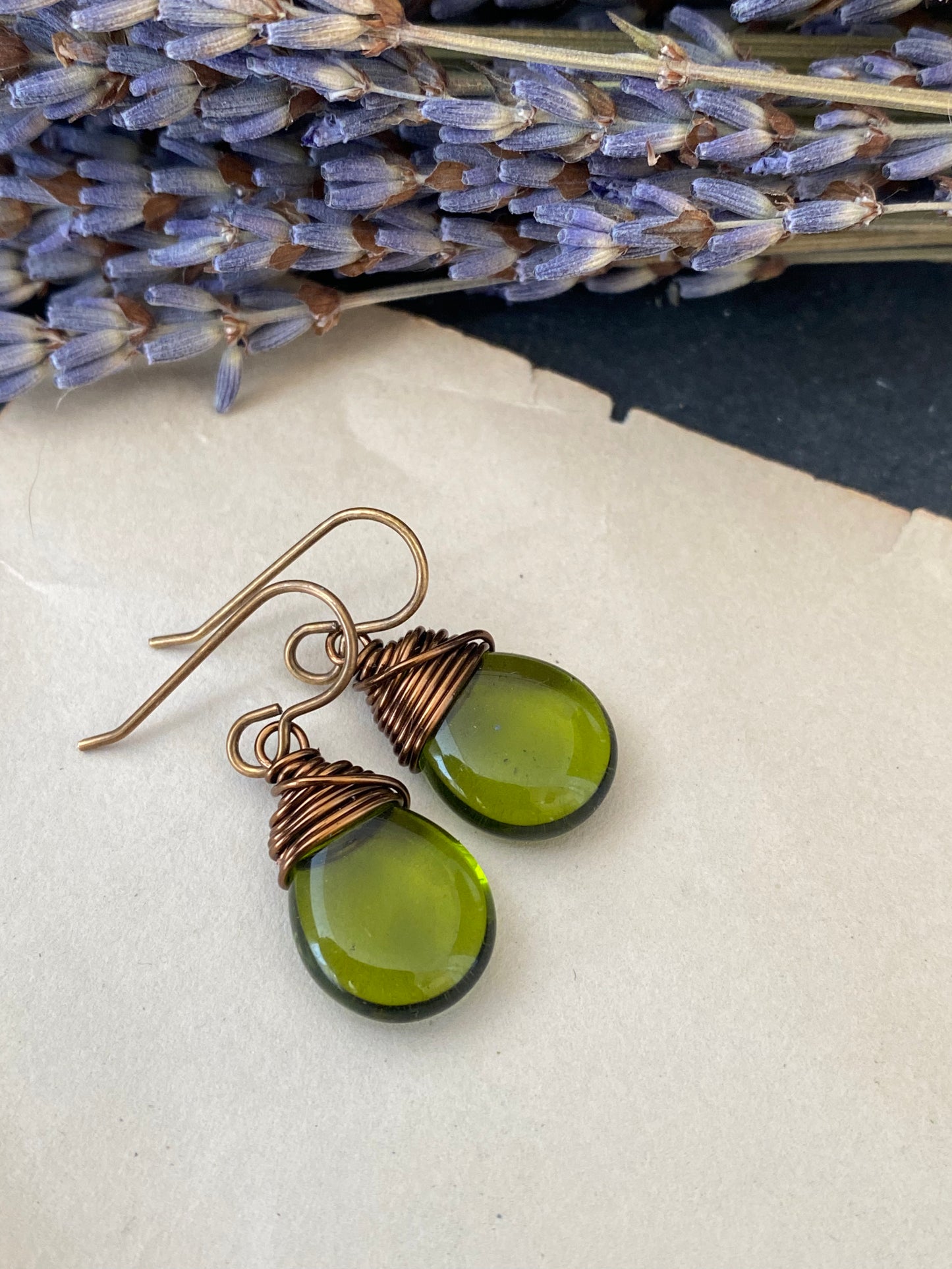 Teardrop glass in olive green and bronze wire wrapped earrings.