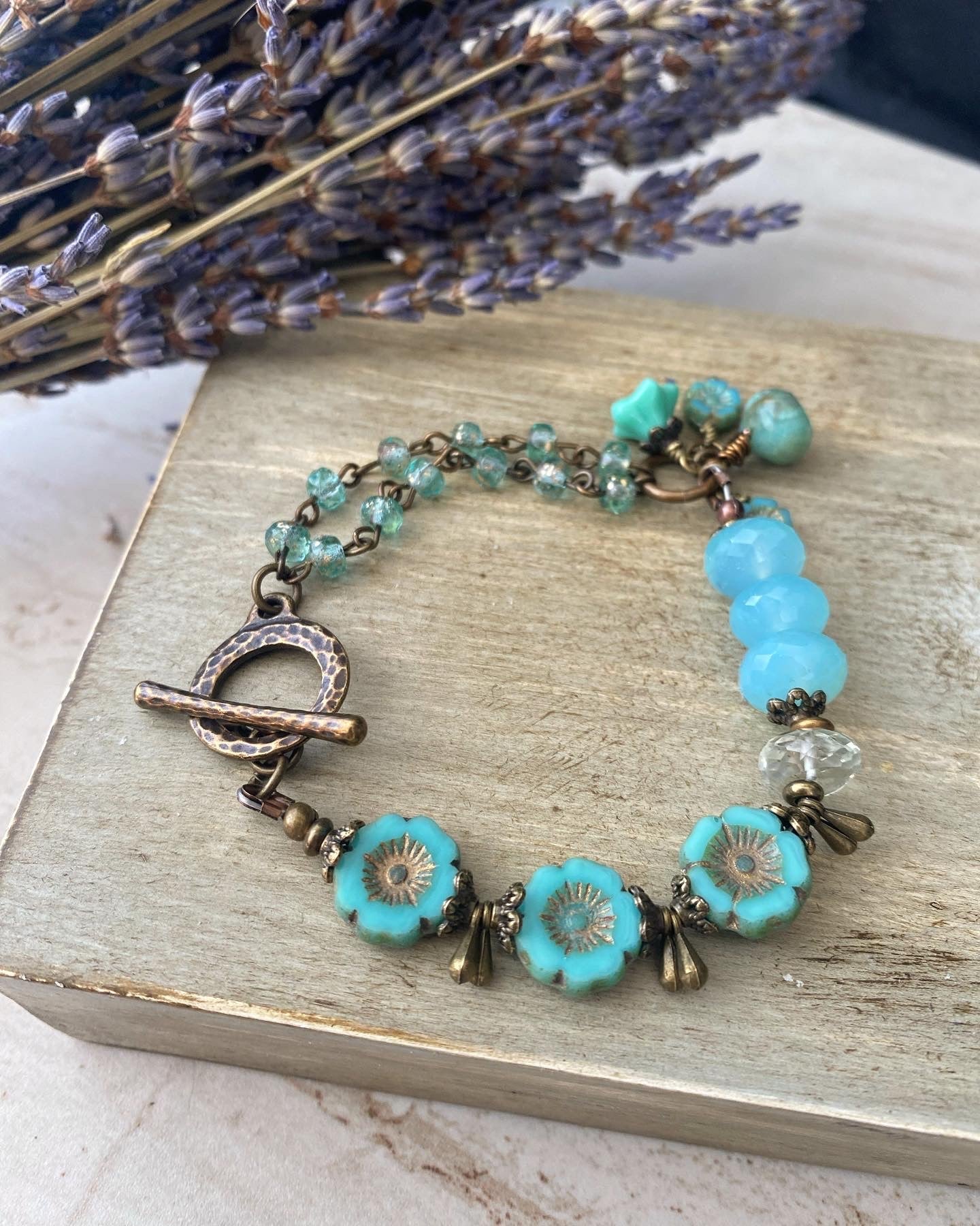 Teal flowers. Amazonite stone, Czech glass, bracelet, KIT
