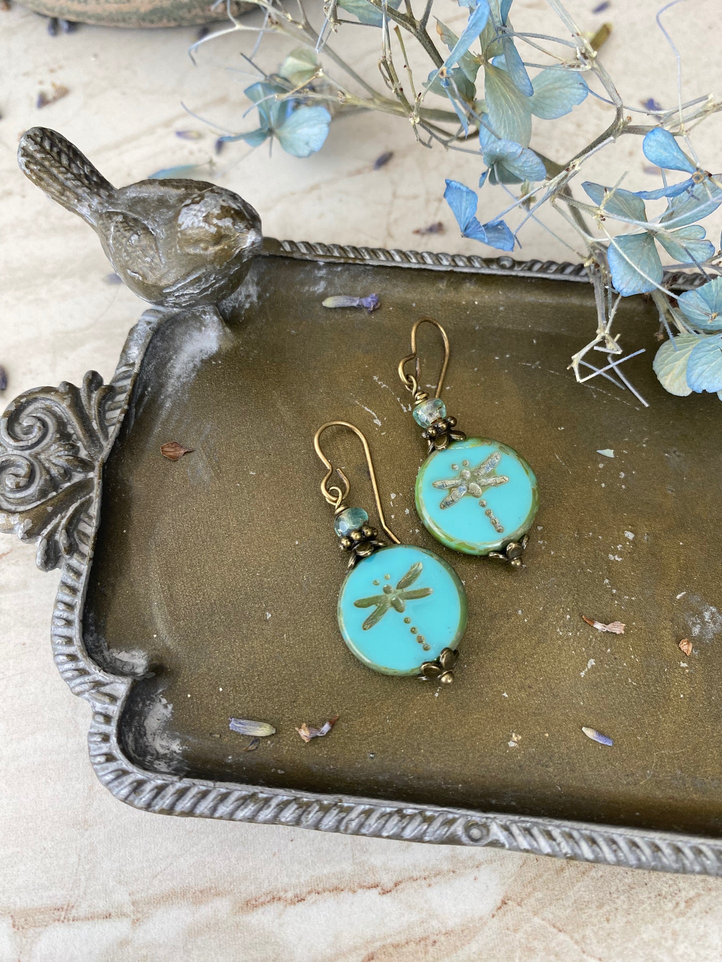 Dragonfly teal Czech glass, bronze metal, earrings.