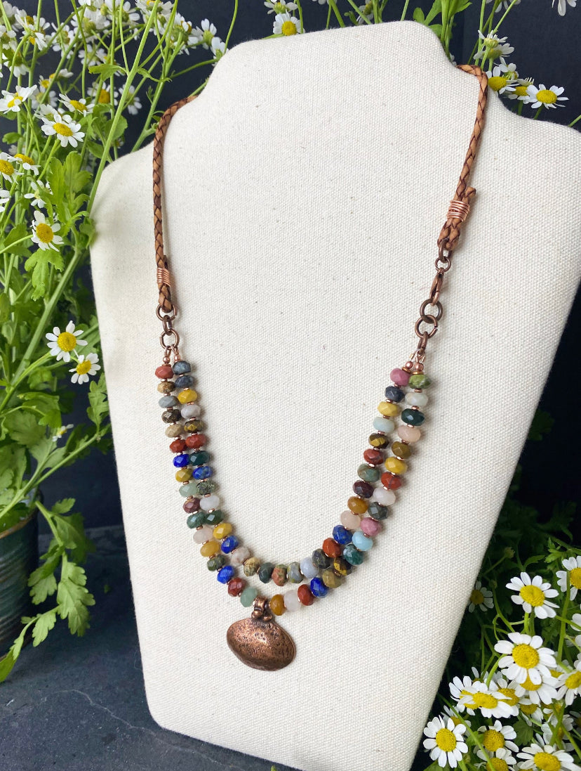 Mixed gemstone, leather, copper metal, necklace, KIT