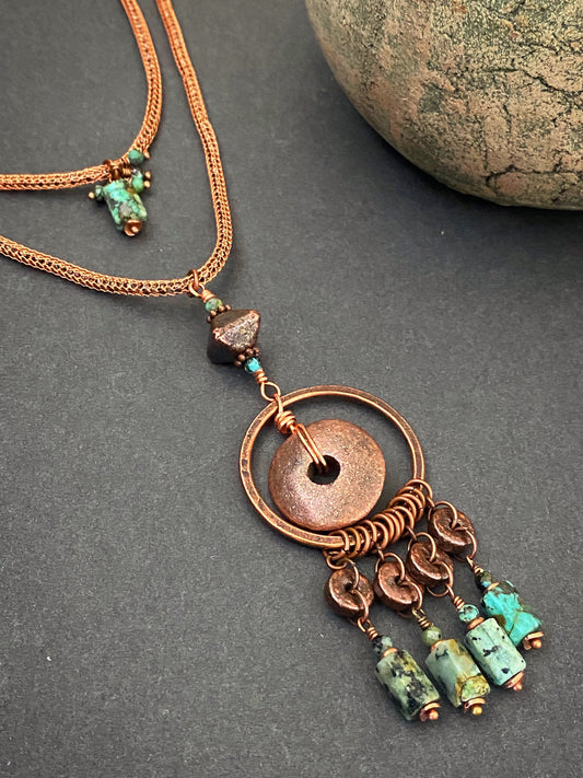 Green African turquoise, ceramic beads, copper metal, necklace, jewelry