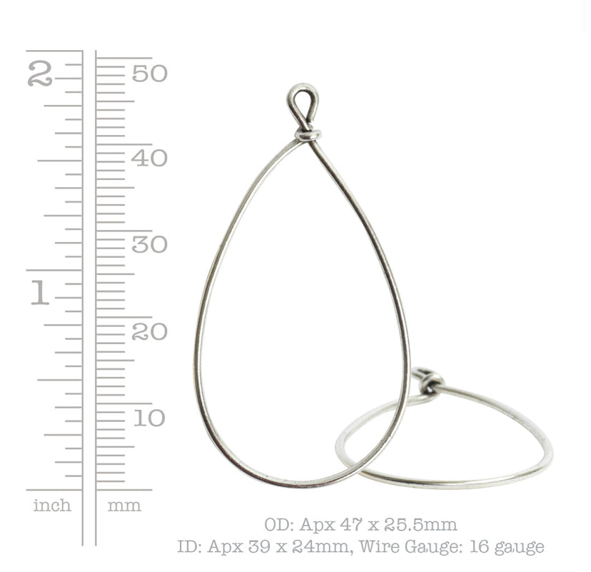 Antique silver, teardrop, pear, metal frame, hoops