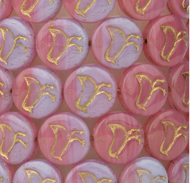 Coin with Bird (12mm) Pink and Lilac Opaline Mix with Gold Wash