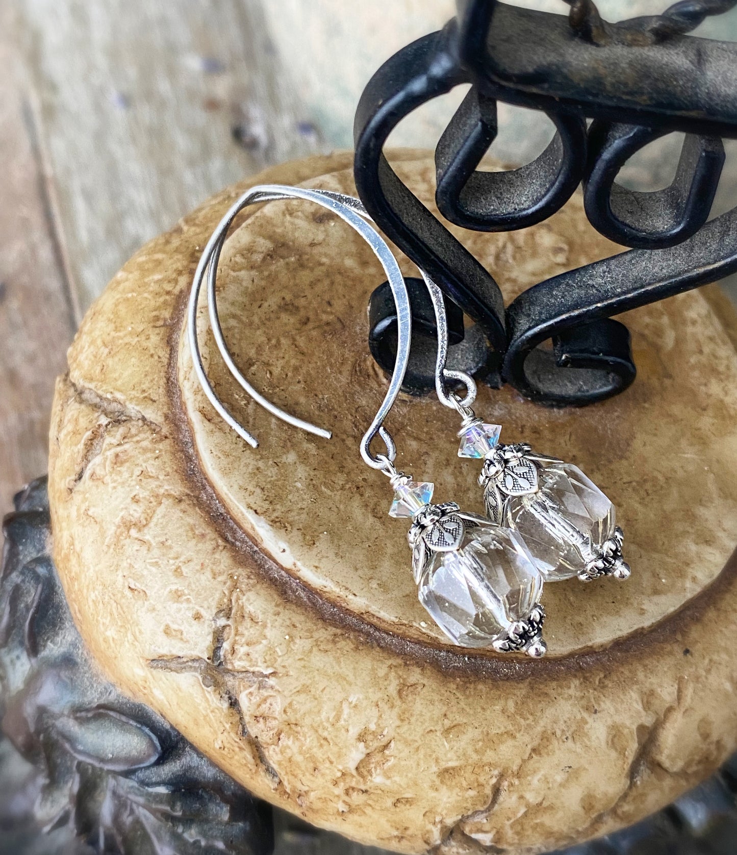 Shiny Czech glass, detailed floral bead caps, crystals, silver metal, drop earrings