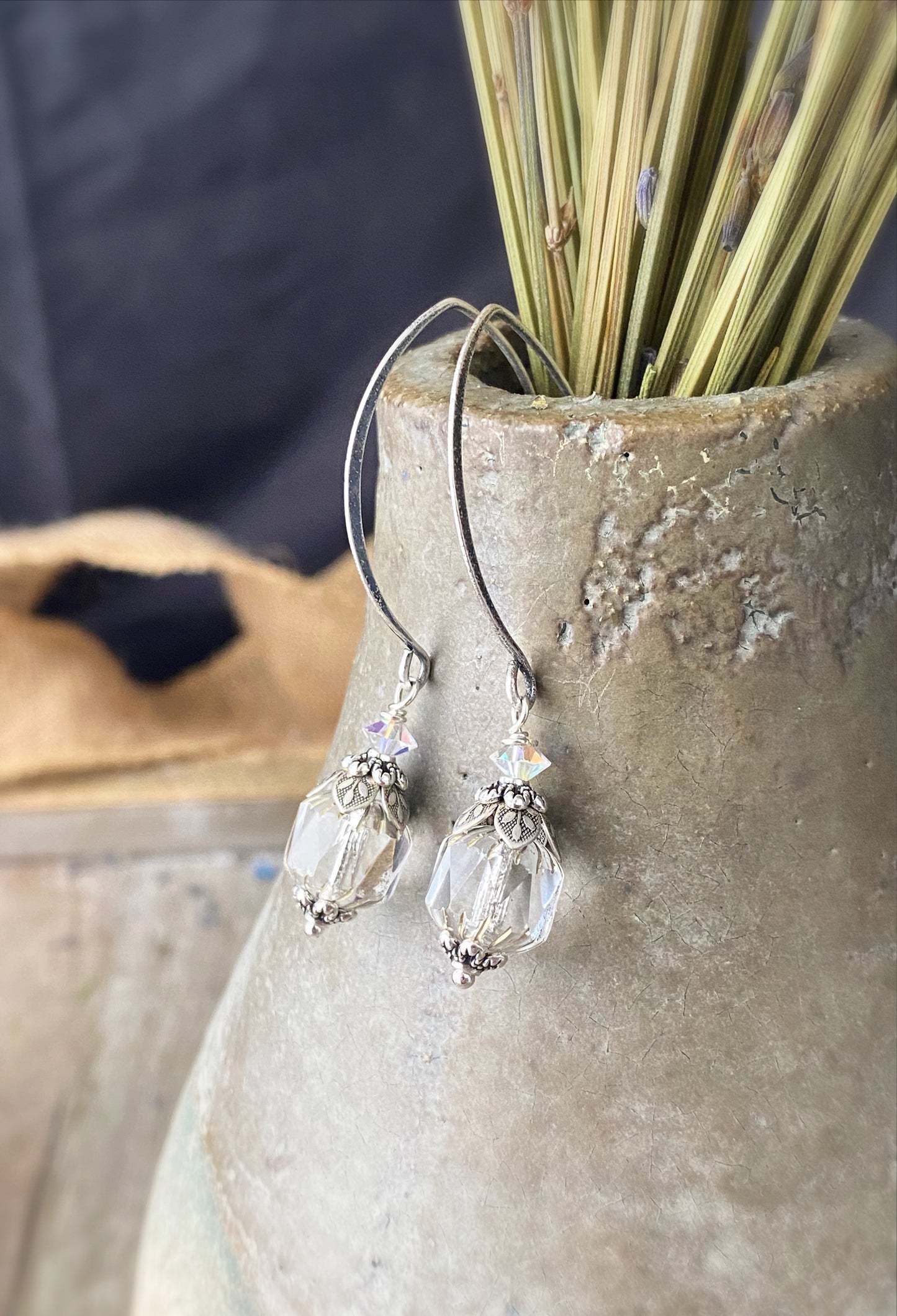 Shiny Czech glass, detailed floral bead caps, crystals, silver metal, drop earrings