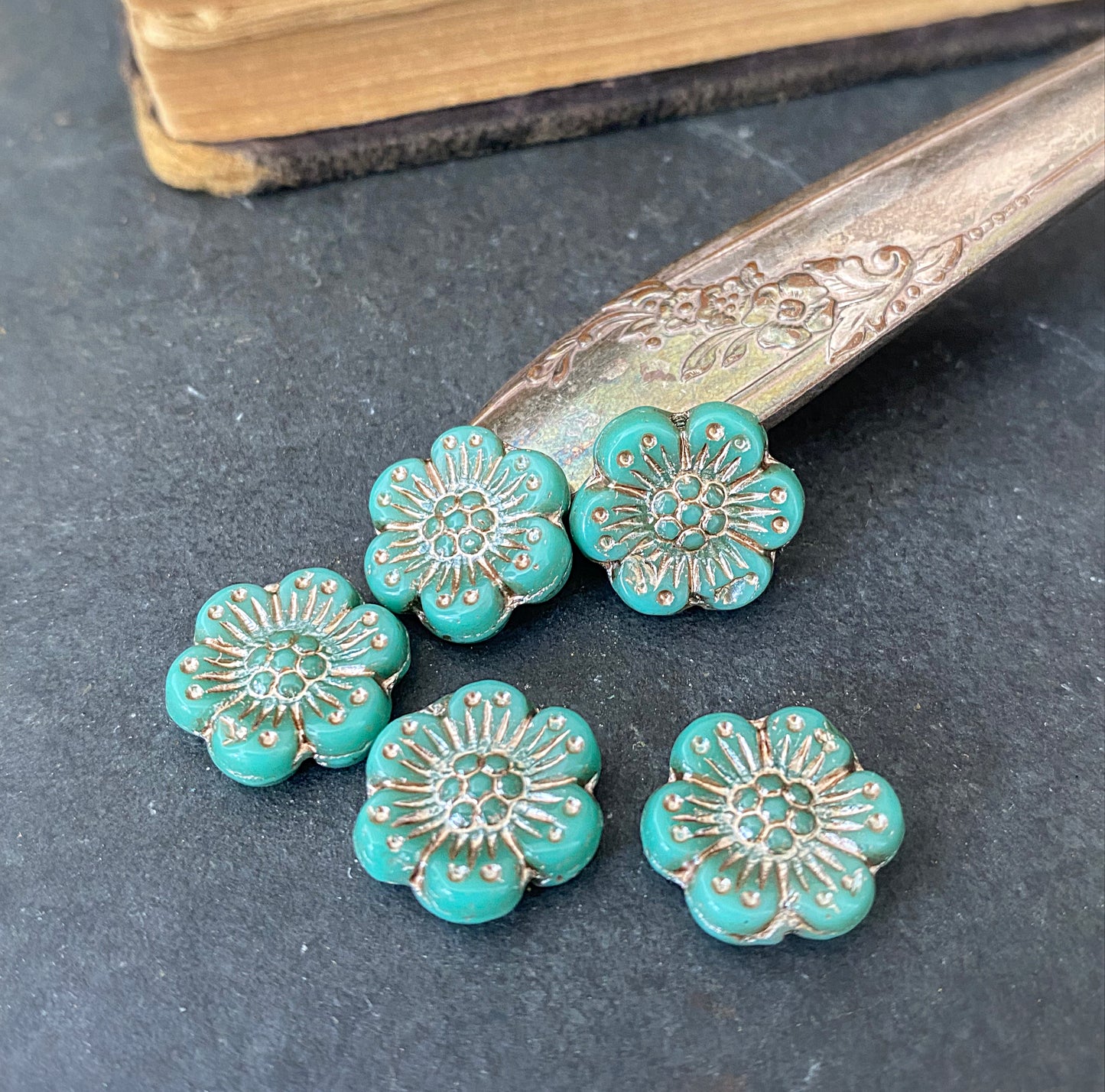 Premium Czech glass, Wild Rose (14mm) Turquoise Opaque with silver wash