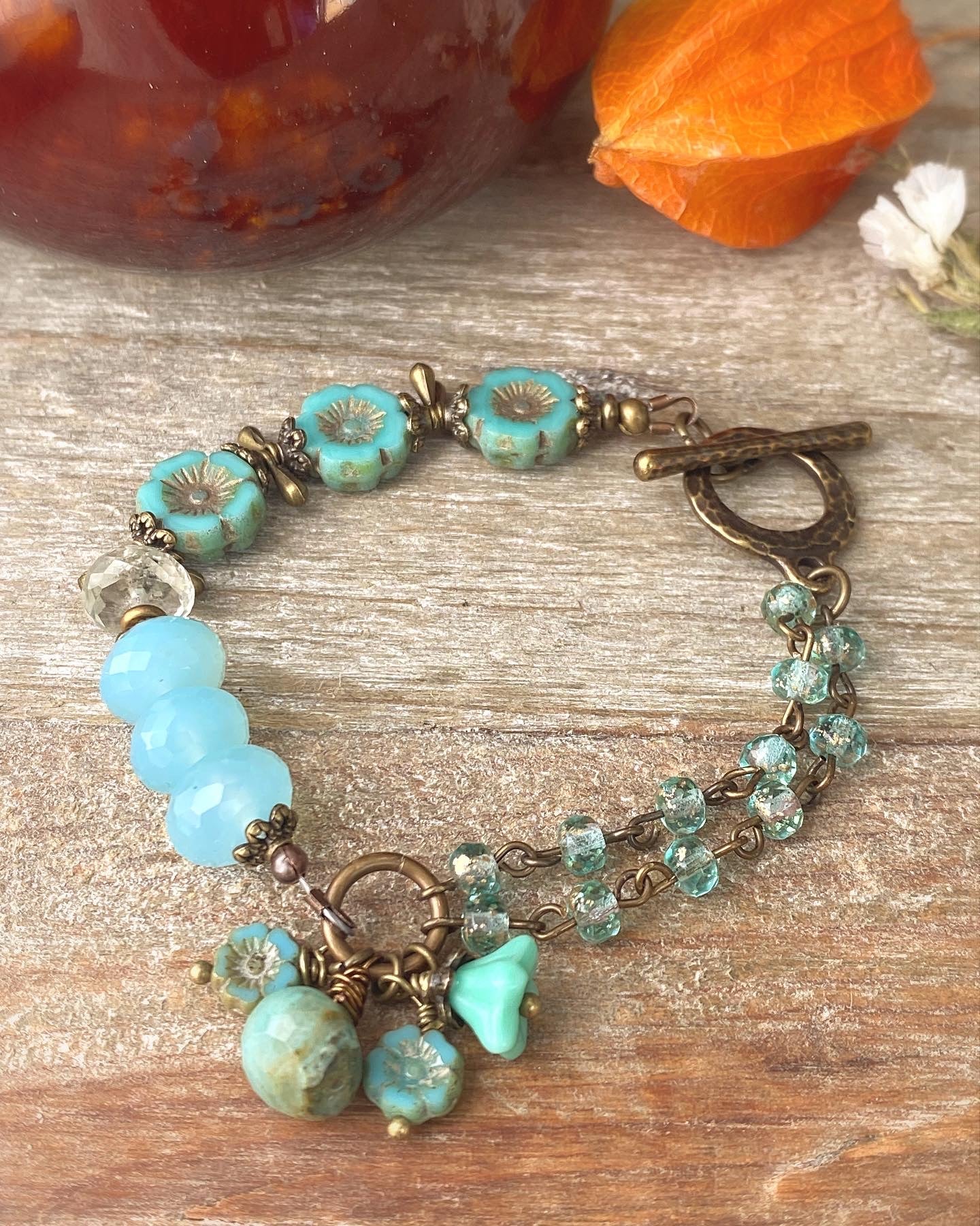 Teal flowers. Amazonite stone, Czech glass, bracelet, KIT