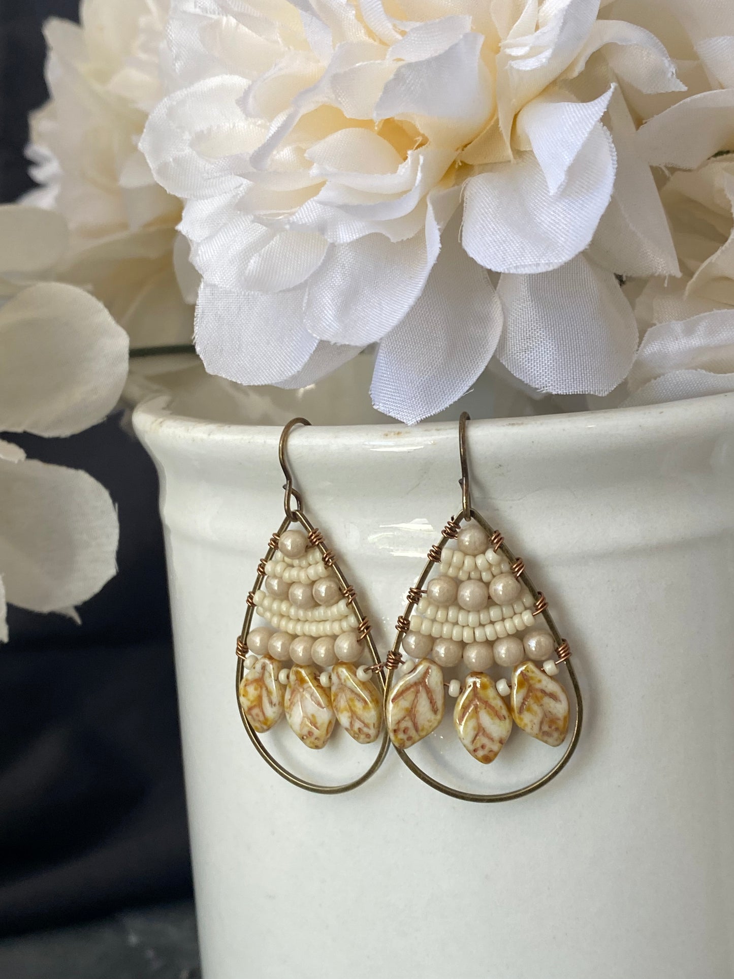 Cream Czech glass leaves, seed beads, hoop, wire wrapped, earrings