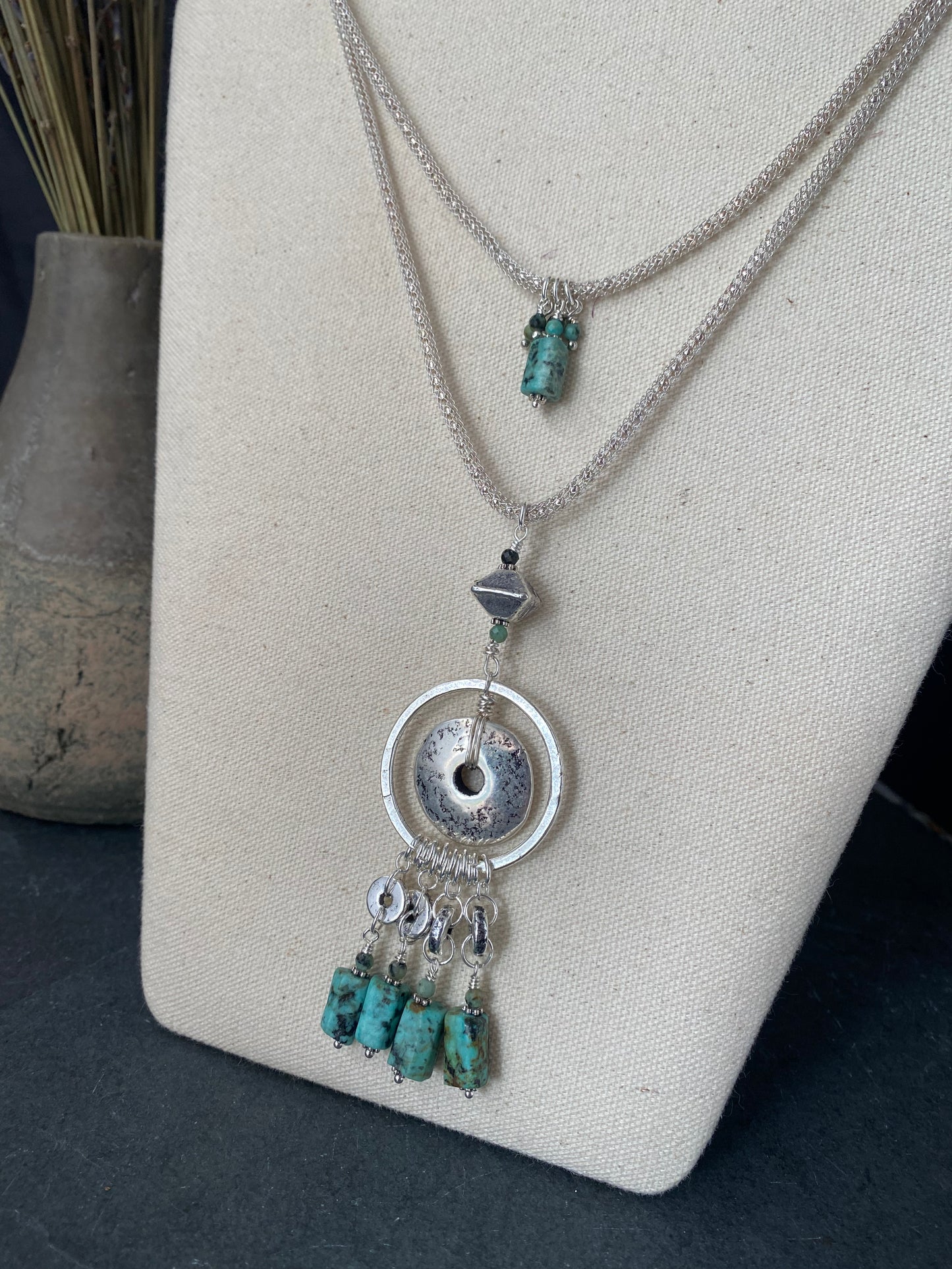 Green African turquoise, ceramic beads, silver metal, necklace, jewelry