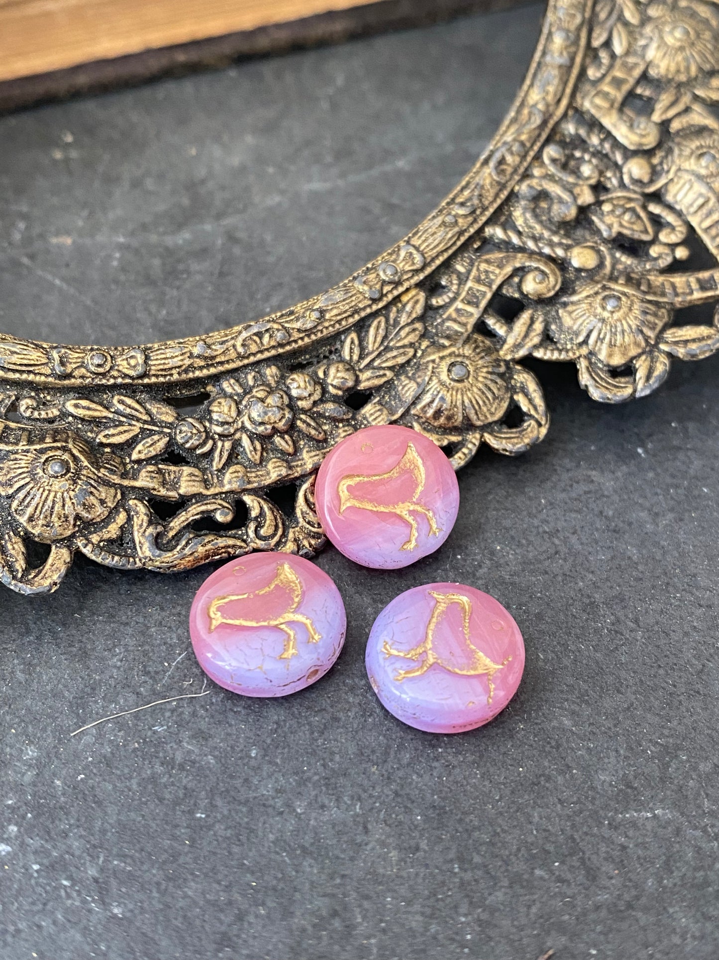 Coin with Bird (12mm) Pink and Lilac Opaline Mix with Gold Wash