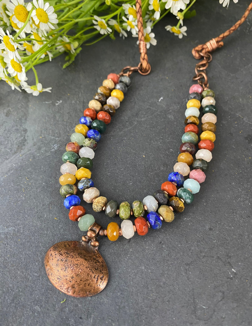 Mixed gemstone, leather, copper metal, necklace, KIT