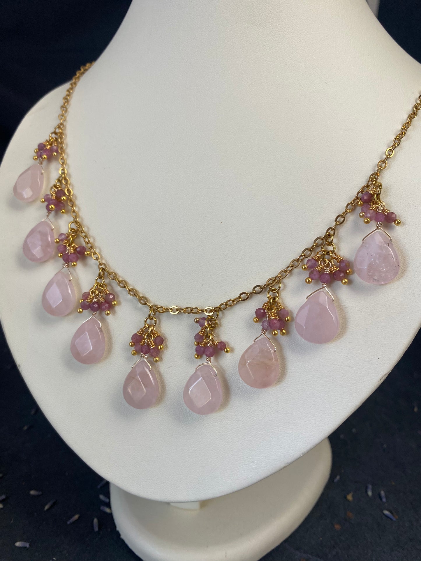 Rose quartz teardrop stone, pink tourmaline stone,gold necklace, jewelry