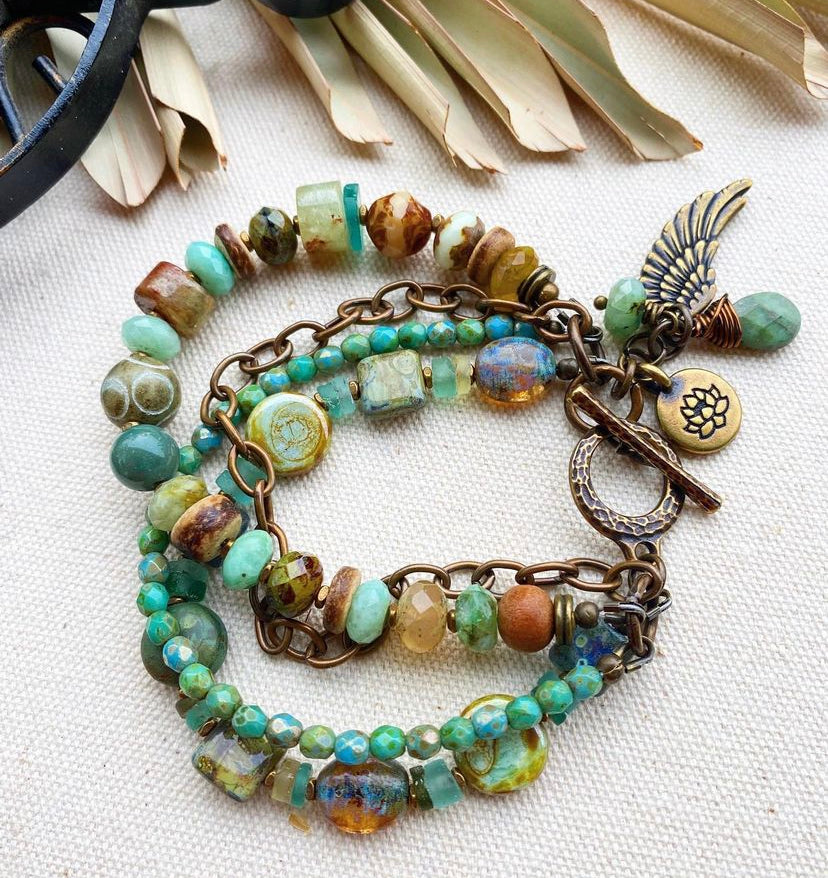Green garnet, czech glass, agate, Chrysocolla, multi strand, bronze metal, bracelet.