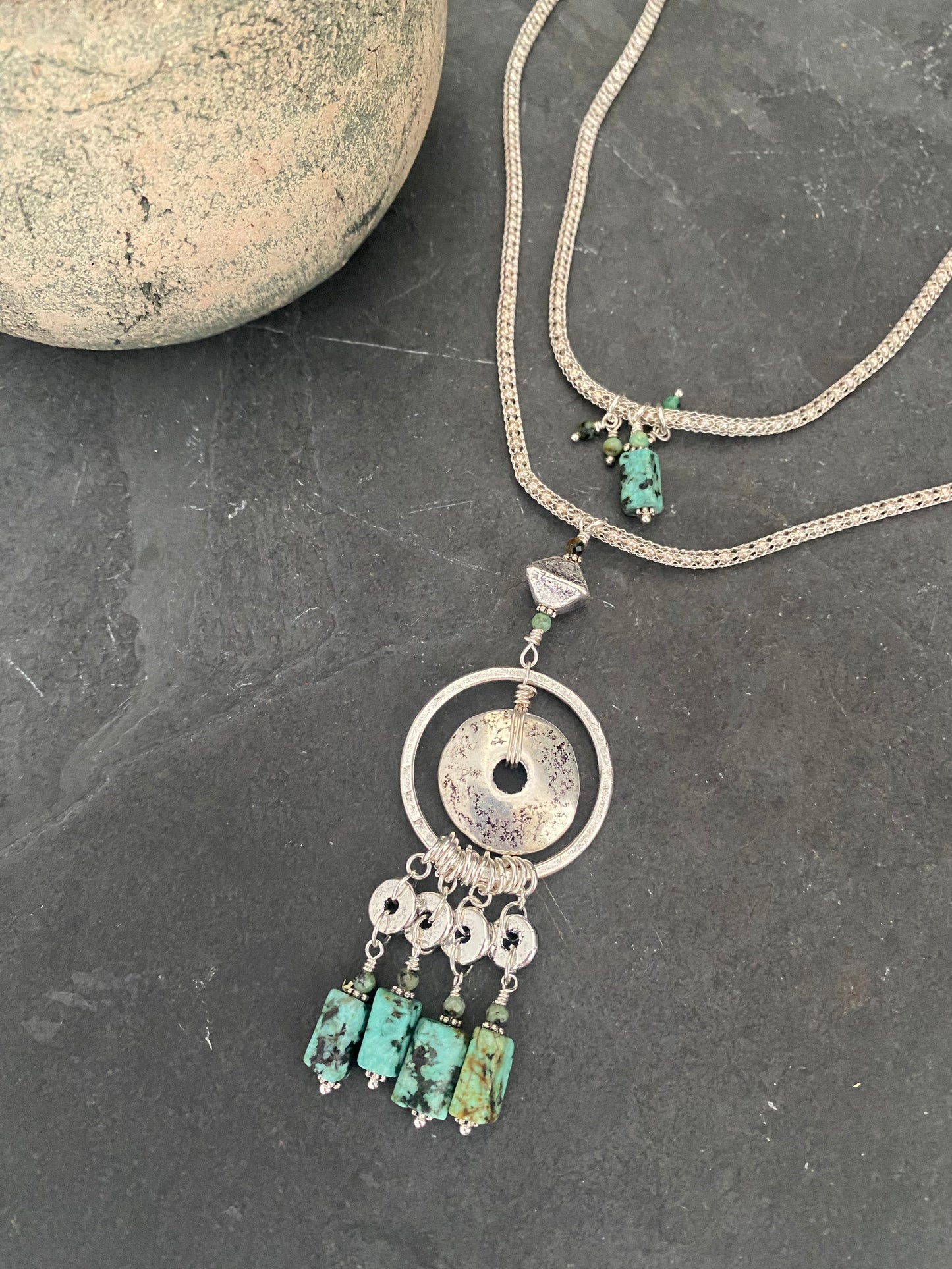Green African turquoise, ceramic beads, silver metal, necklace, jewelry
