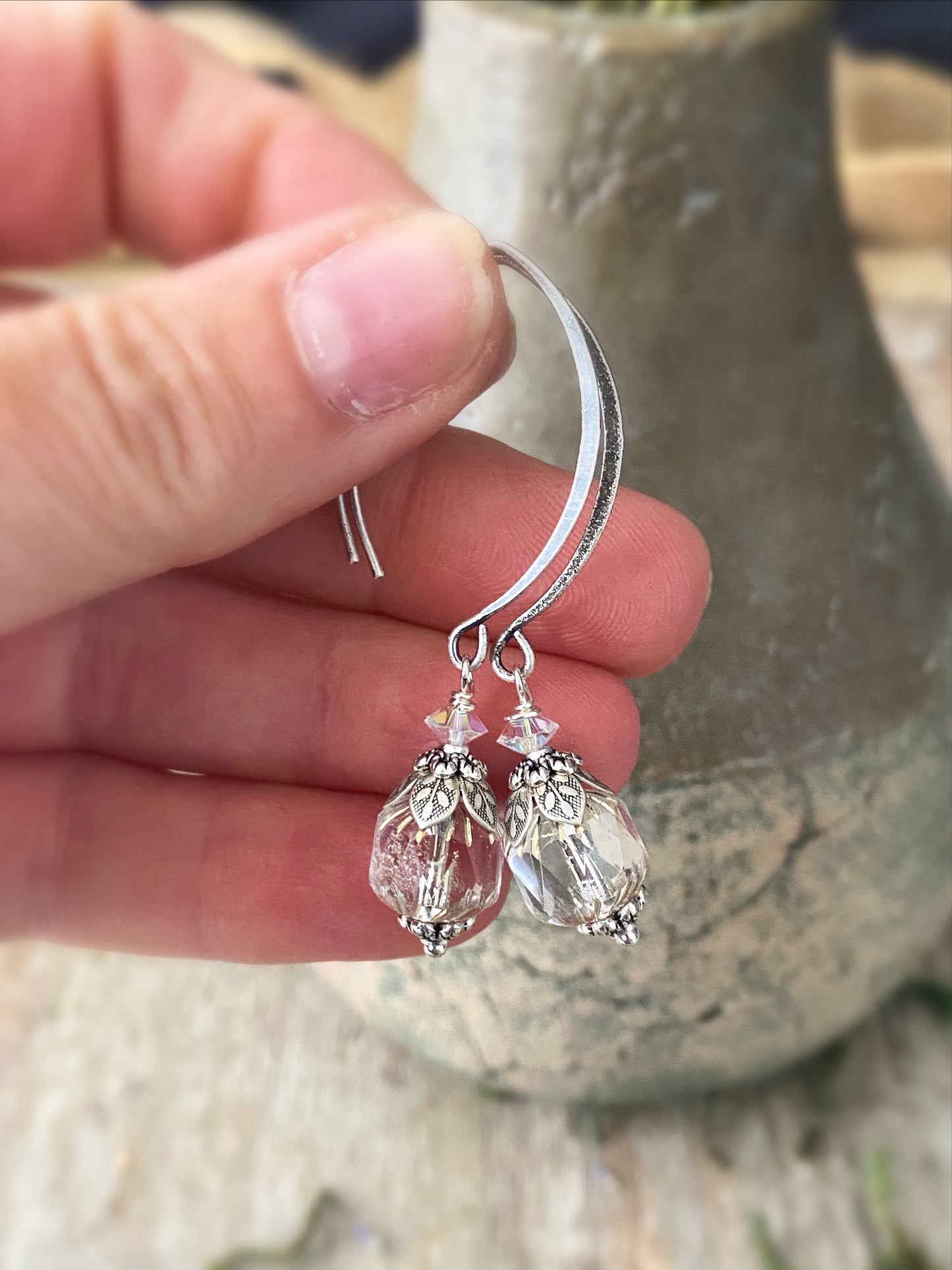Shiny Czech glass, detailed floral bead caps, crystals, silver metal, drop earrings