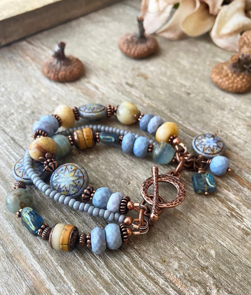 Blues. Mixed gemstone, Czech glass, bracelet, KIT