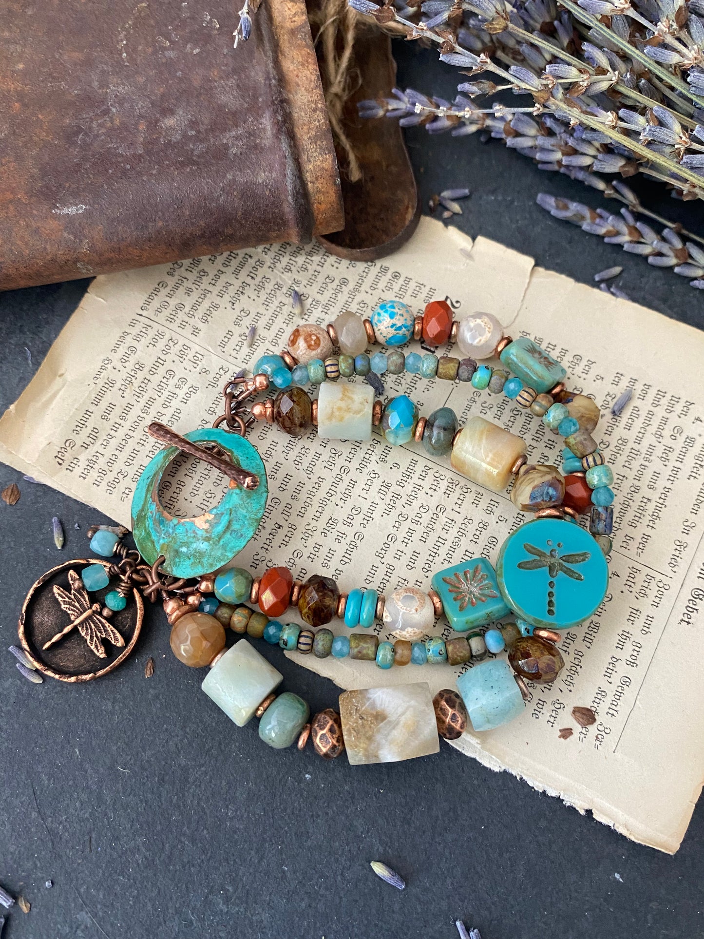 Agate stone, turquoise, czech glass, Amazonite, multi strand, copper metal, bracelet.