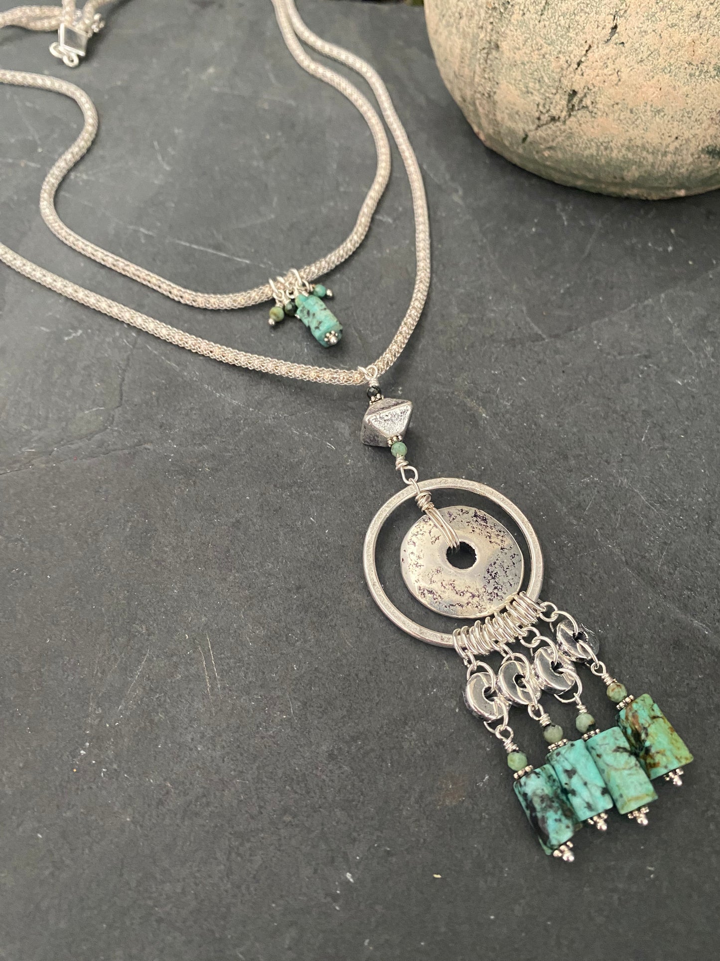 Green African turquoise, ceramic beads, silver metal, necklace, jewelry