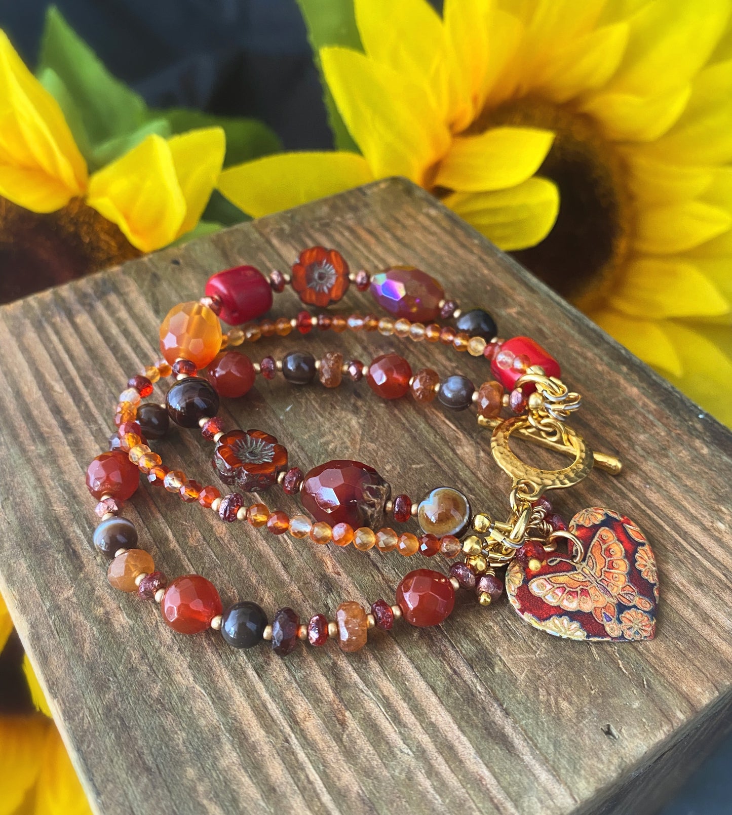 Carnelian, agate, Czech glass, mixed stone, butterfly, gold metal, bracelet, jewelry