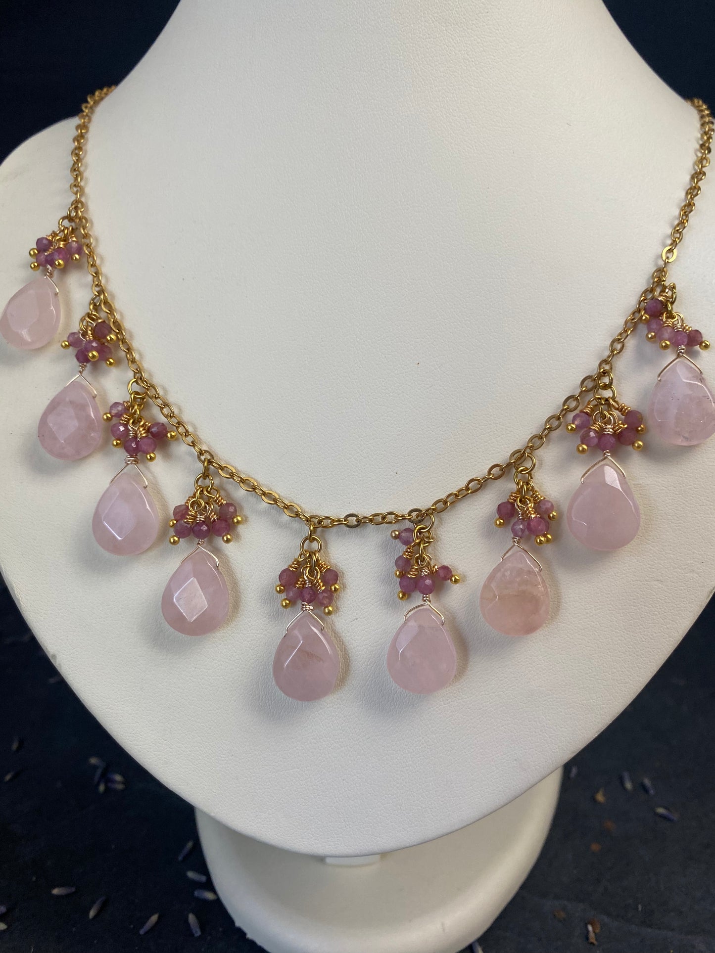 Rose quartz teardrop stone, pink tourmaline stone,gold necklace, jewelry