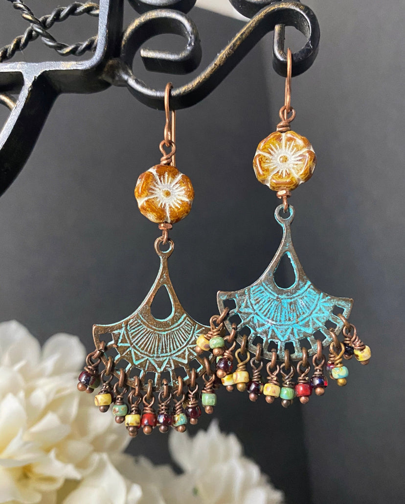 Ceramic fan charms, Czech glass, earrings, kit. Published in Belle Armoire