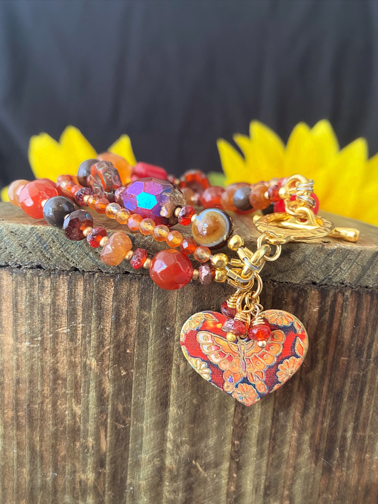 Carnelian, agate, Czech glass, mixed stone, butterfly, gold metal, bracelet, jewelry