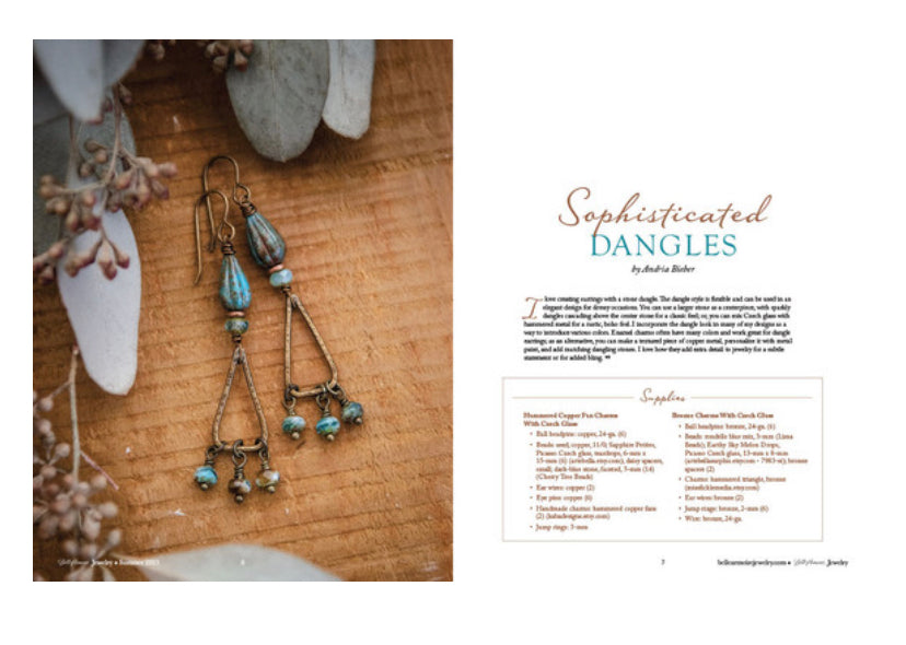 Blue Czech glass, dangles and bronze metal hammered earrings