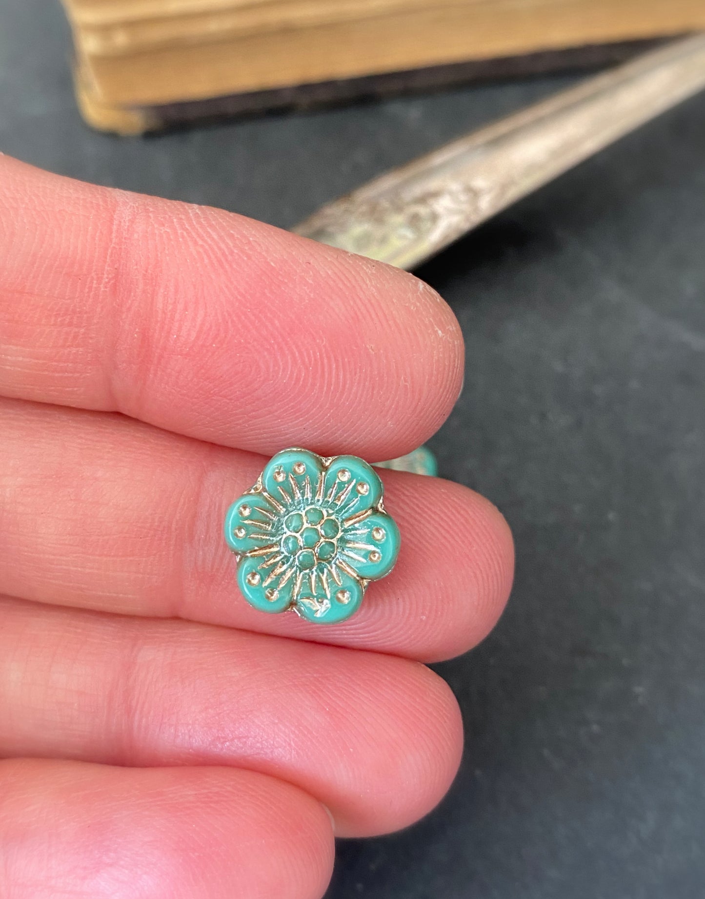 Premium Czech glass, Wild Rose (14mm) Turquoise Opaque with silver wash