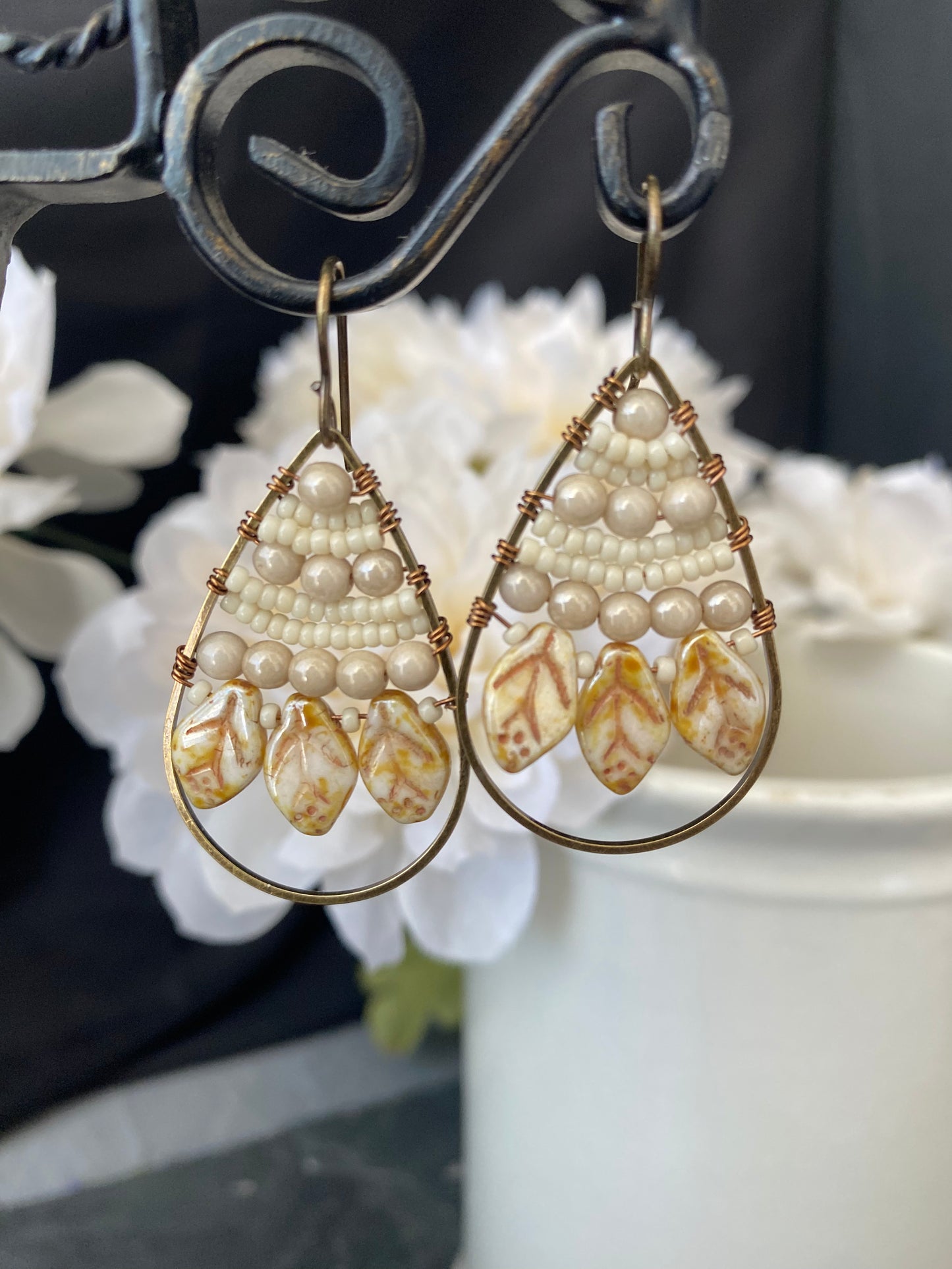 Cream Czech glass leaves, seed beads, hoop, wire wrapped, earrings