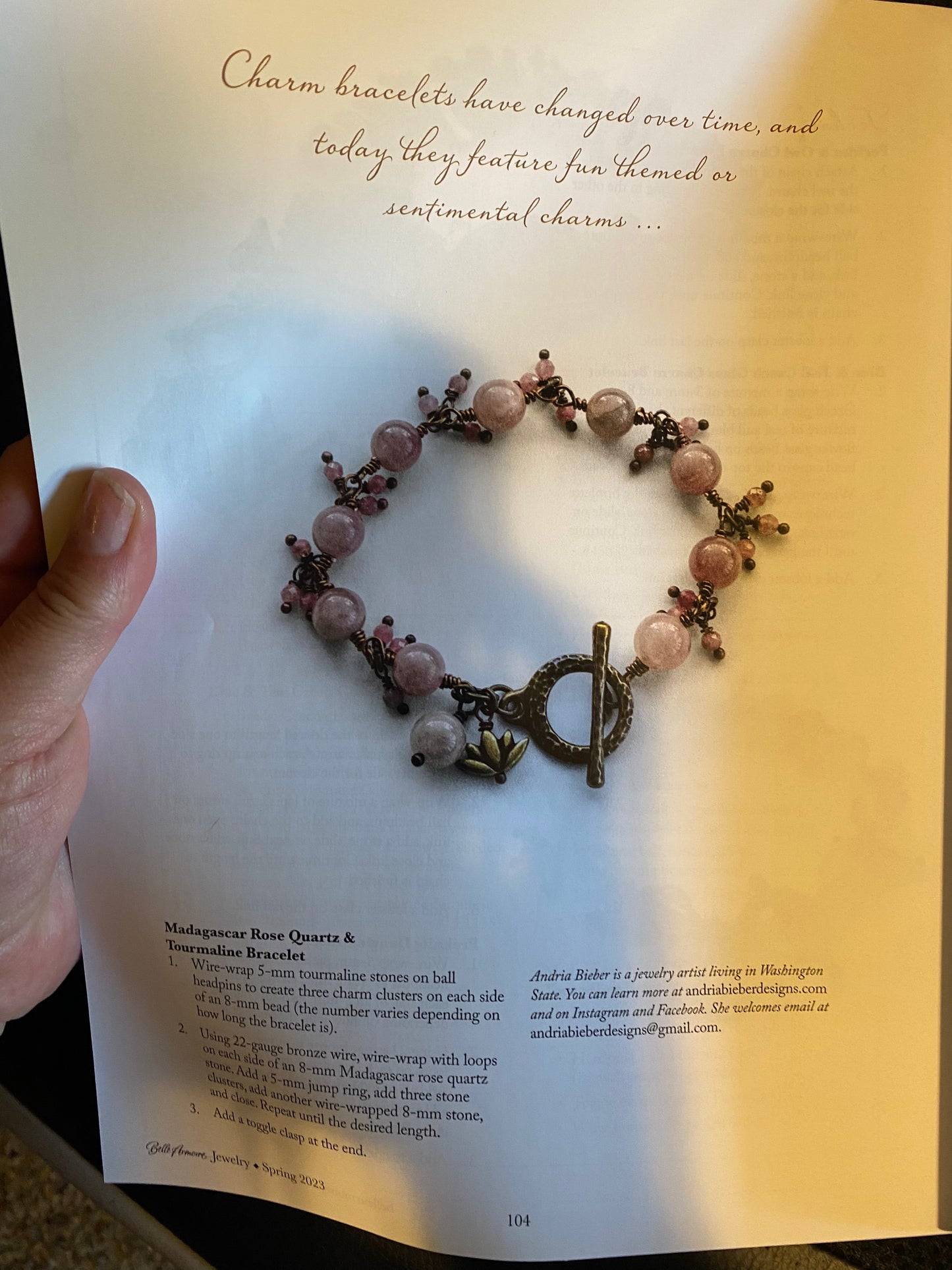 Rose quartz pink stone, Tourmaline pink stone, moonstone, wire wrapped, bronze metal bracelet. - Andria Bieber Designs