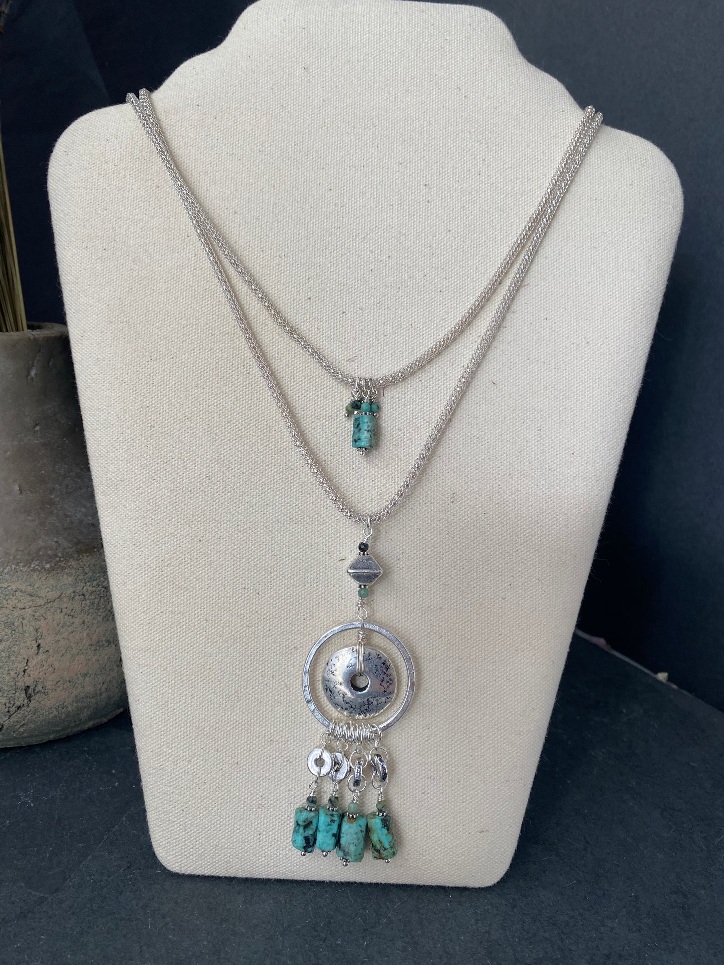 Green African turquoise, ceramic beads, silver metal, necklace, jewelry
