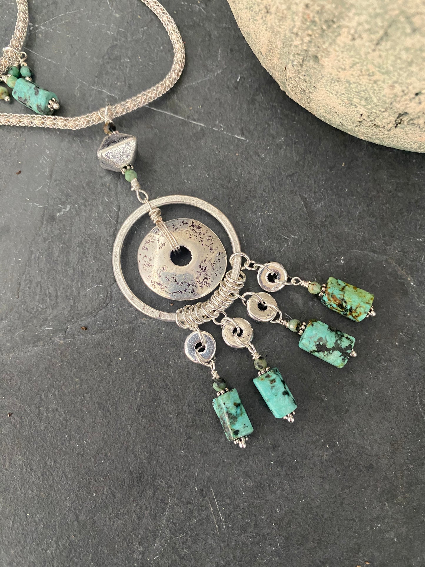 Green African turquoise, ceramic beads, silver metal, necklace, jewelry