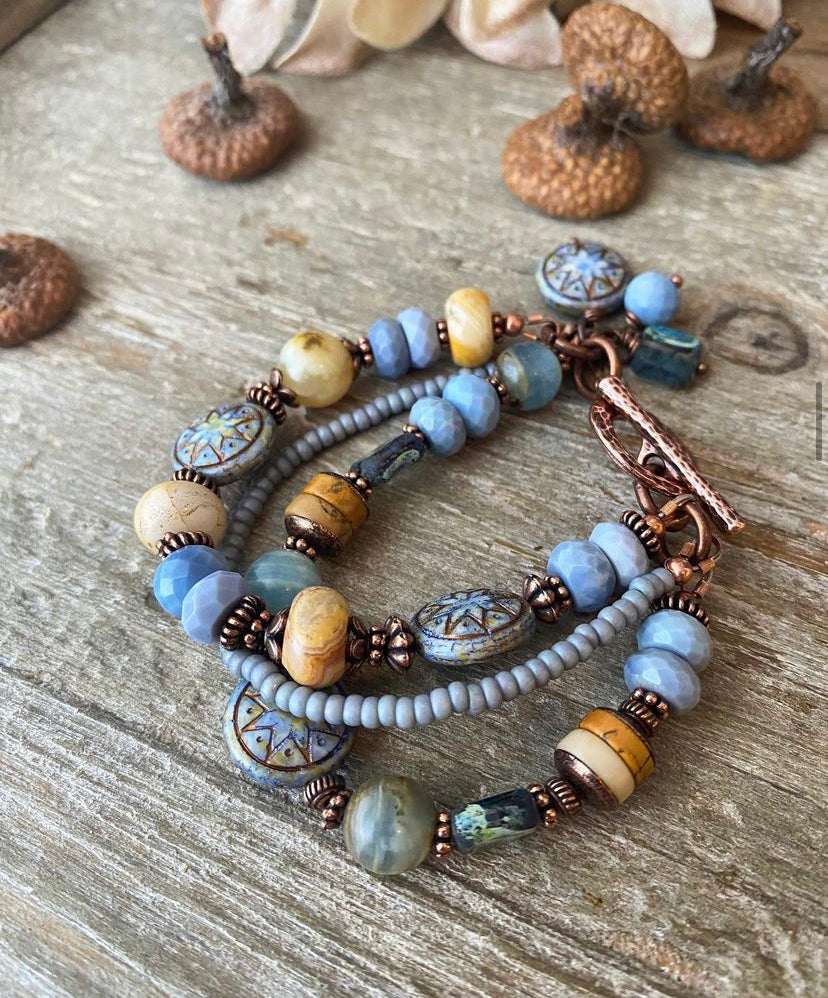Blues. Mixed gemstone, Czech glass, bracelet, KIT
