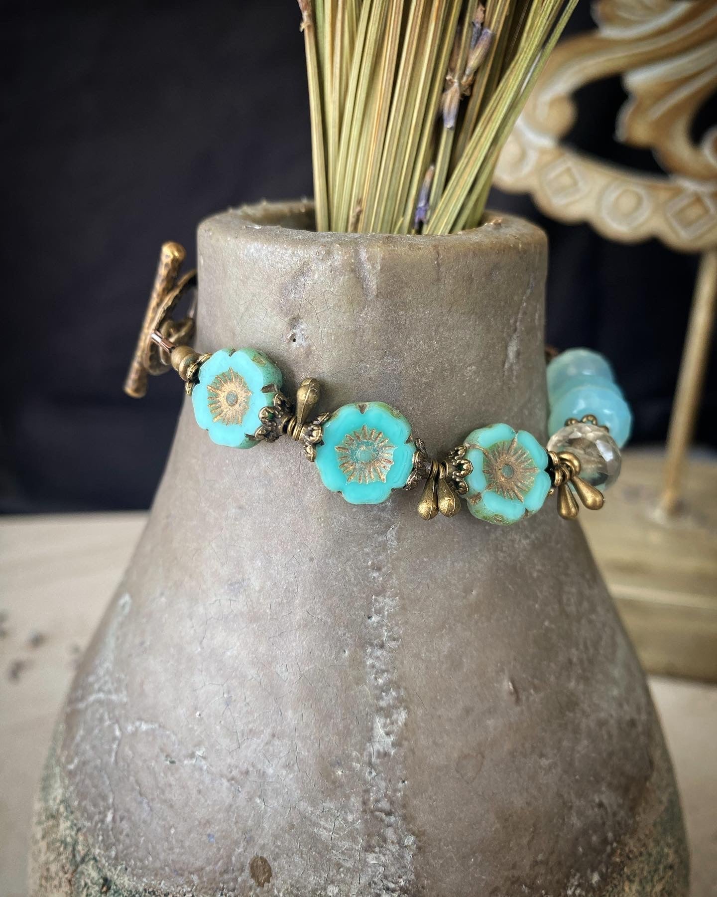 Teal flowers. Amazonite stone, Czech glass, bracelet, KIT
