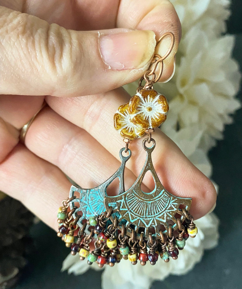 Ceramic fan charms, Czech glass, earrings, kit. Published in Belle Armoire