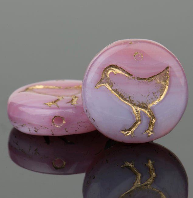 Coin with Bird (12mm) Pink and Lilac Opaline Mix with Gold Wash