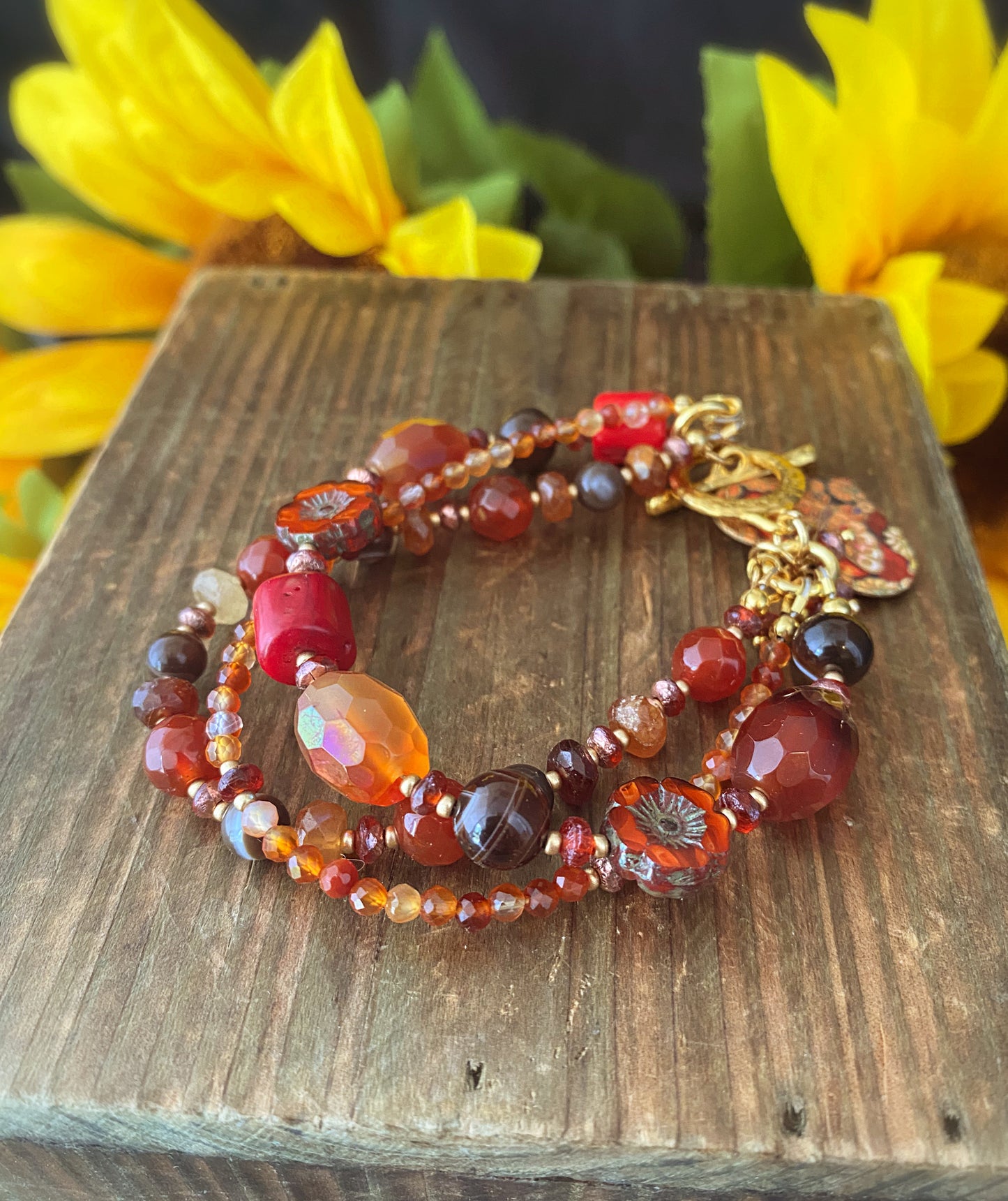 Carnelian, agate, Czech glass, mixed stone, butterfly, gold metal, bracelet, jewelry