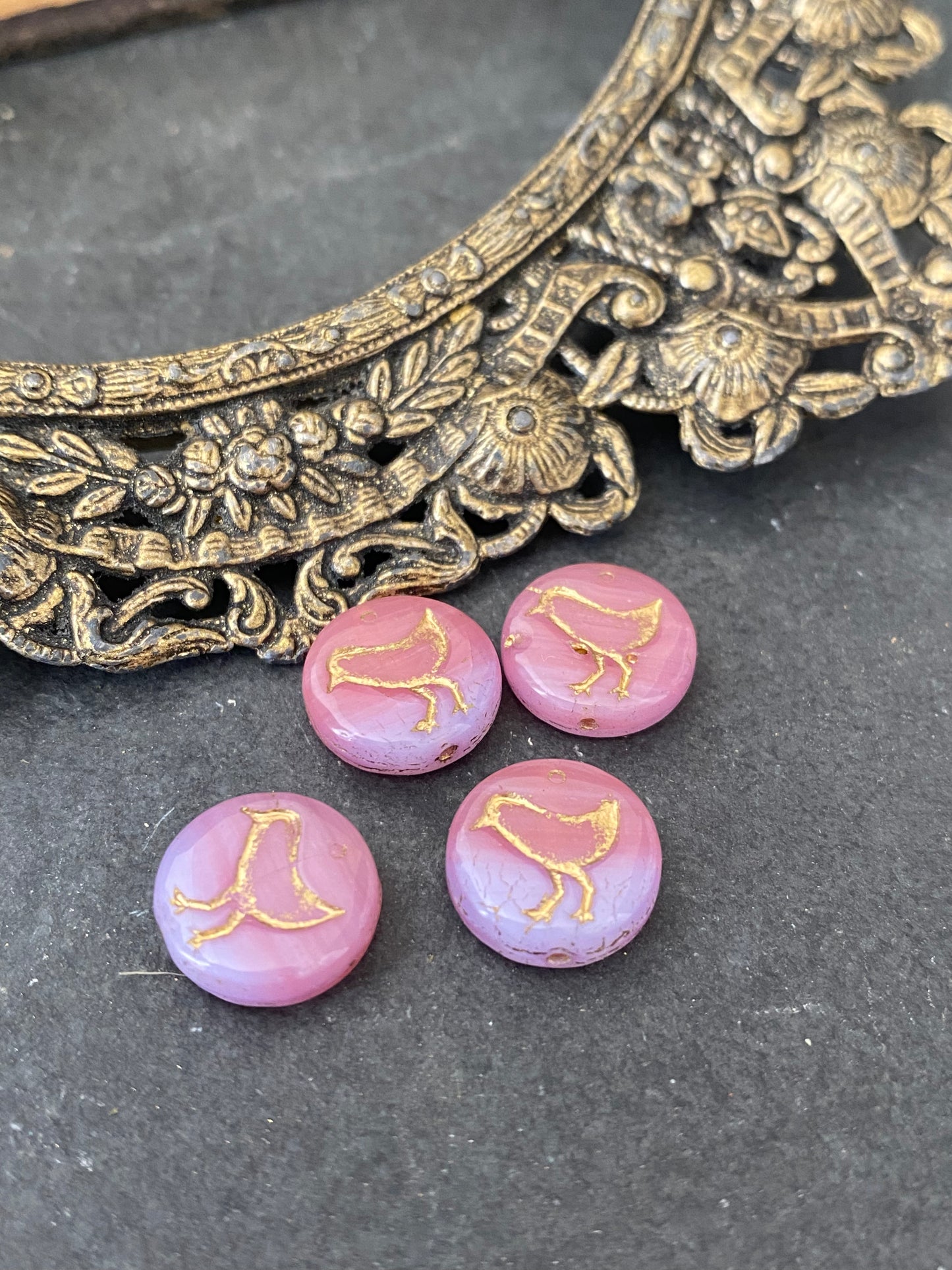 Coin with Bird (12mm) Pink and Lilac Opaline Mix with Gold Wash