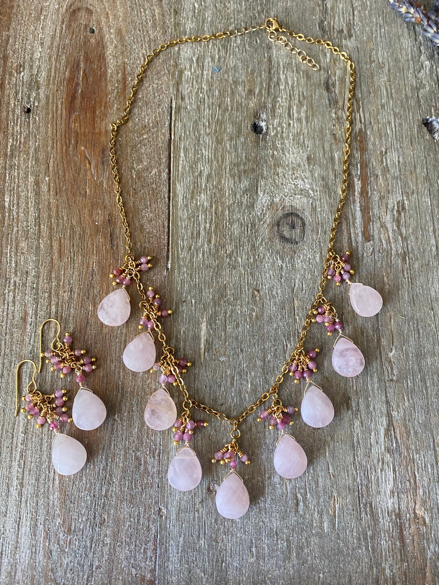Rose quartz teardrop stone, pink tourmaline stone,gold necklace, jewelry