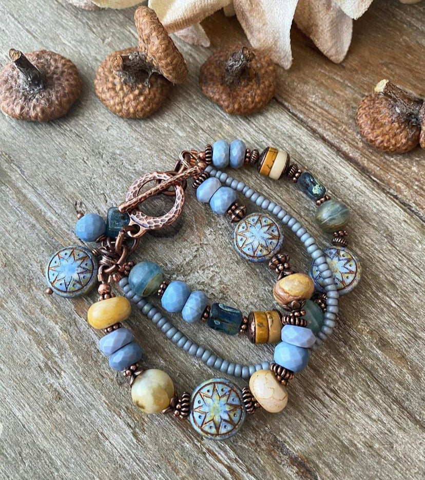 Blues. Mixed gemstone, Czech glass, bracelet, KIT