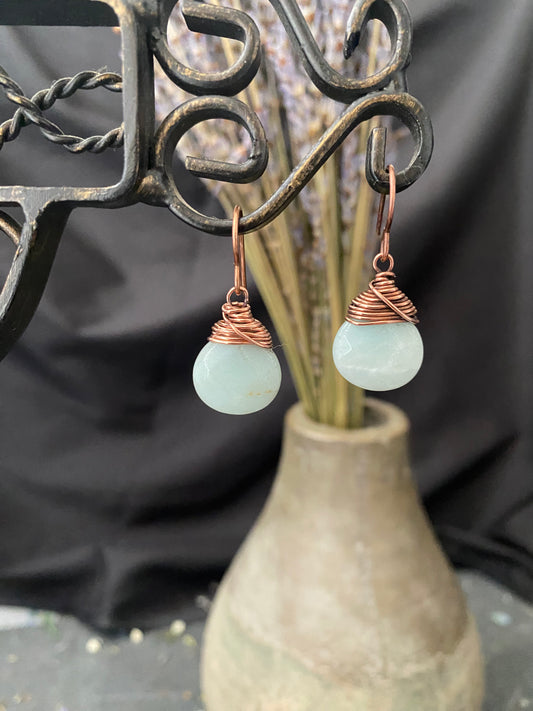 Amazonite gemstone drops, copper metal earrings, jewelry.