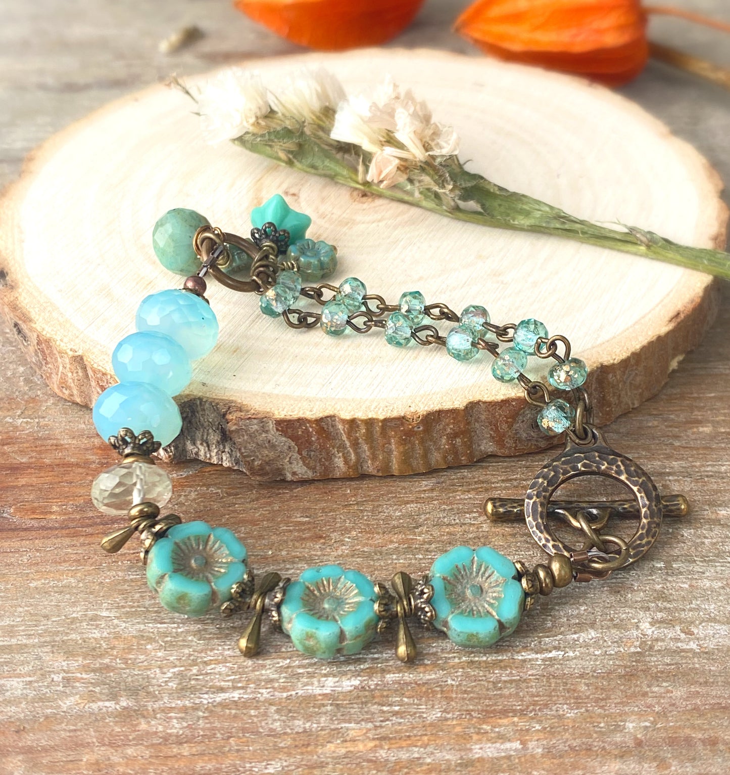 Teal flowers. Amazonite stone, Czech glass, bracelet, KIT