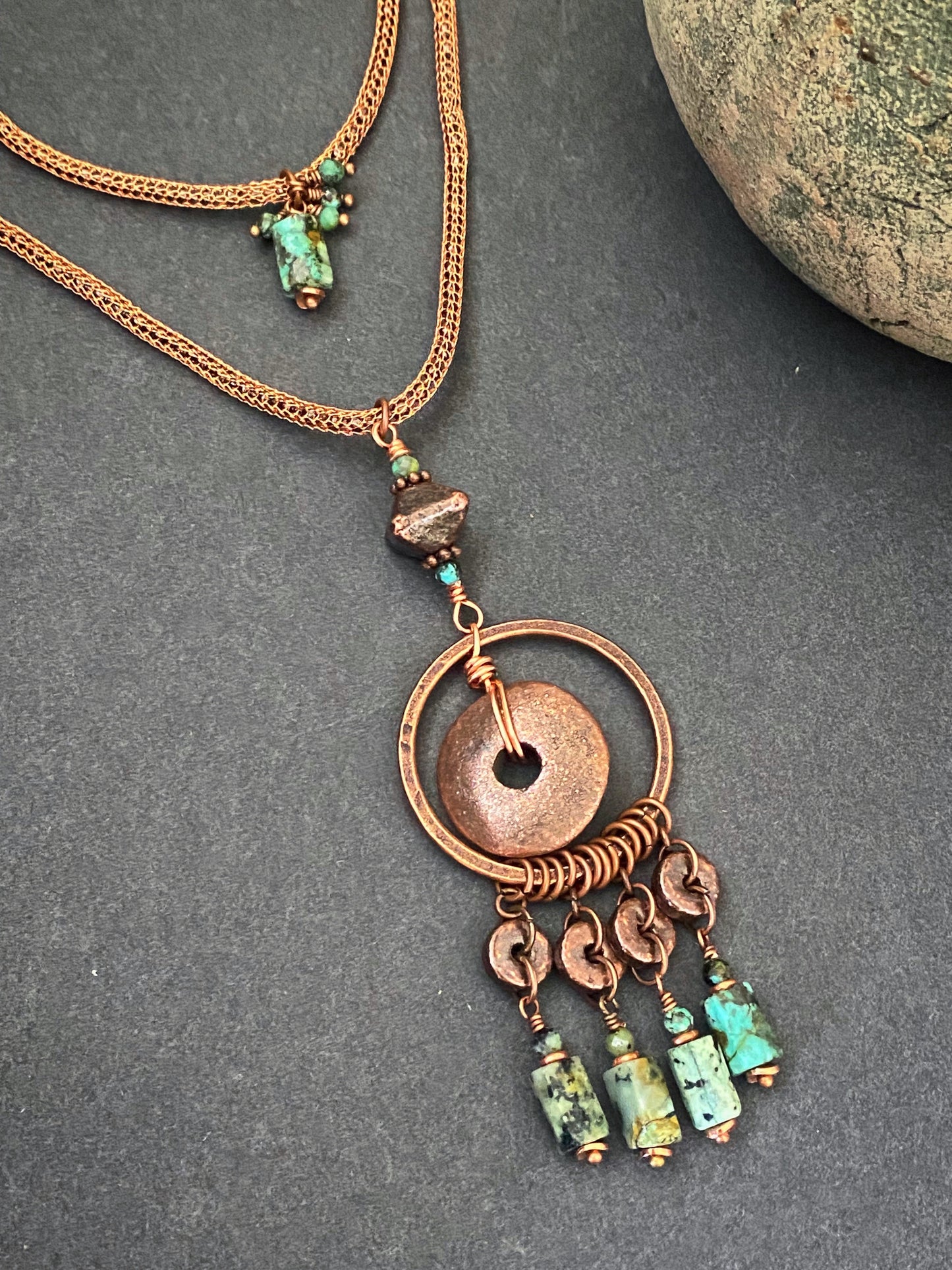 Green African turquoise, ceramic beads, copper metal, necklace, jewelry