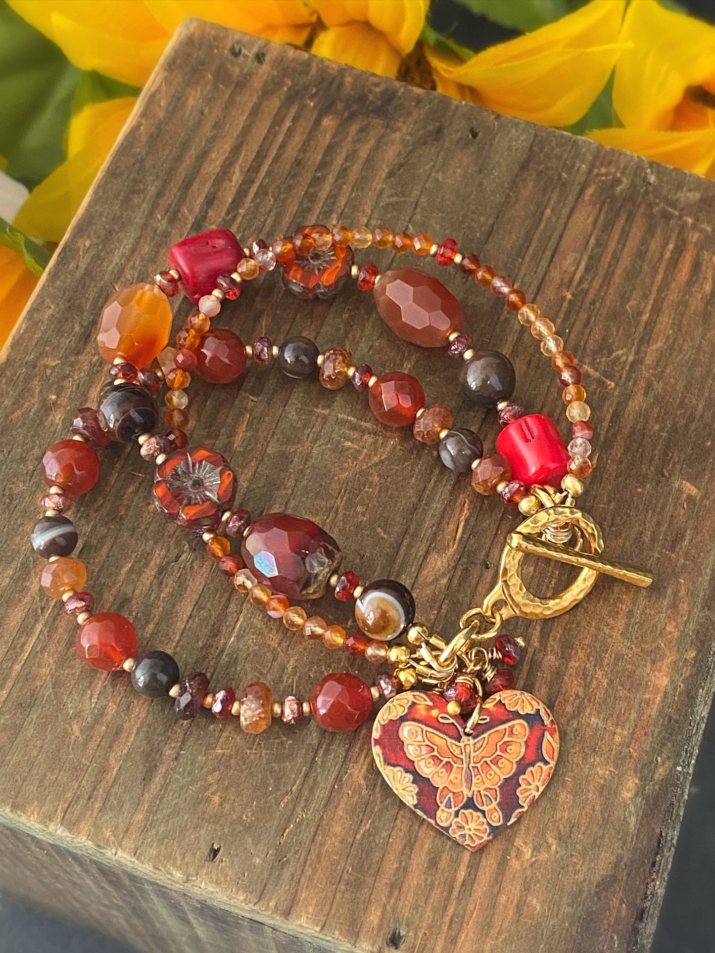 Carnelian, agate, Czech glass, mixed stone, butterfly, gold metal, bracelet, jewelry
