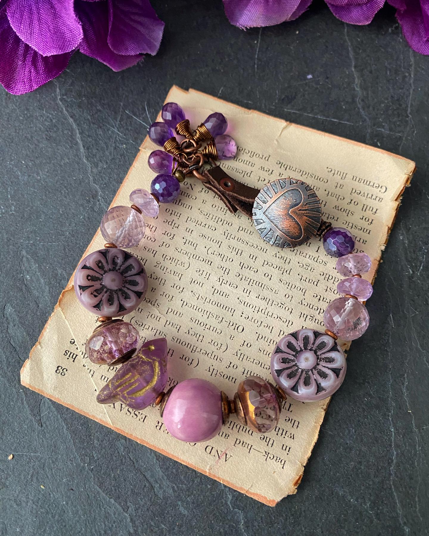 Purple and gold wash Czech Glass Bird Beads 11x22mm
