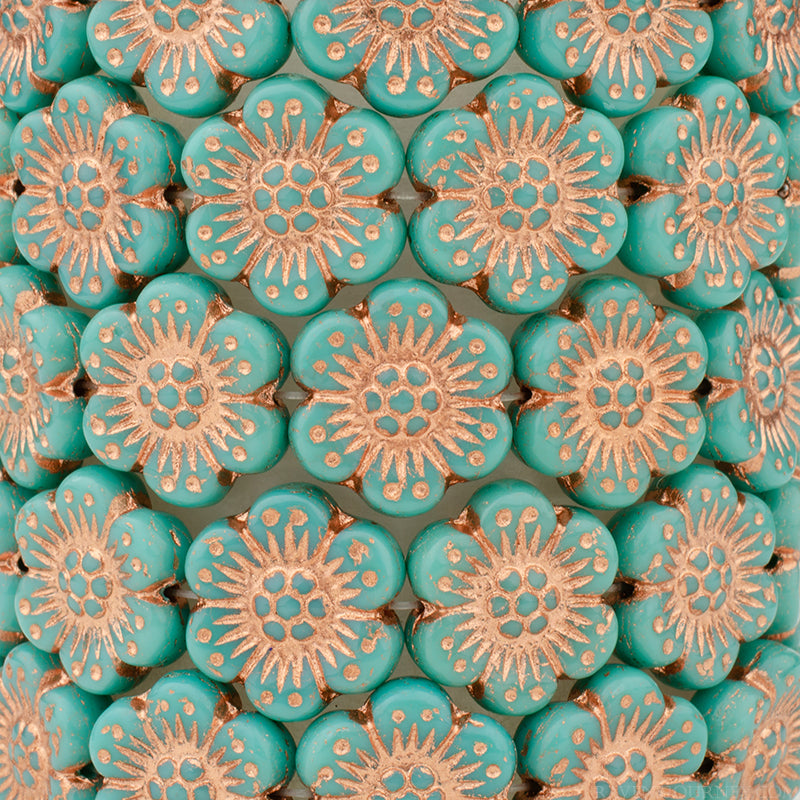 Premium Czech glass rose flowers, turquoise with copper wash, 14mm