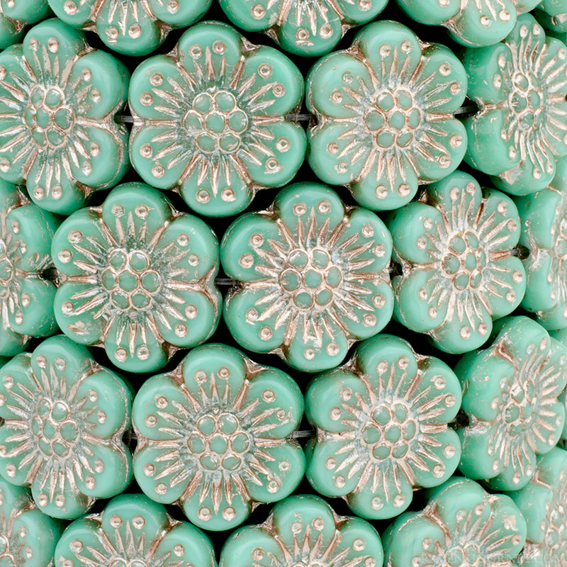 Premium Czech glass, Wild Rose (14mm) Turquoise Opaque with silver wash