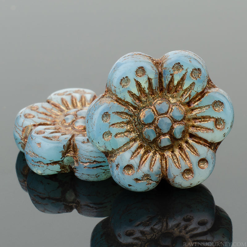 Premium Czech glass, Wild Rose (14mm) Light Aqua Blue Opaline and Silk mix with Dark Bronze Wash