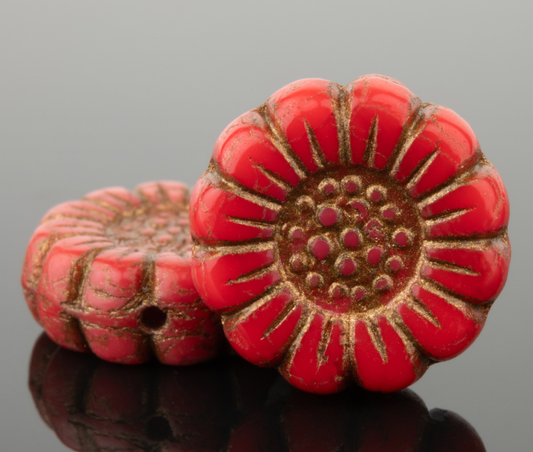 Sunflower (13mm) Red Coral Opaque with Dark Bronze Wash