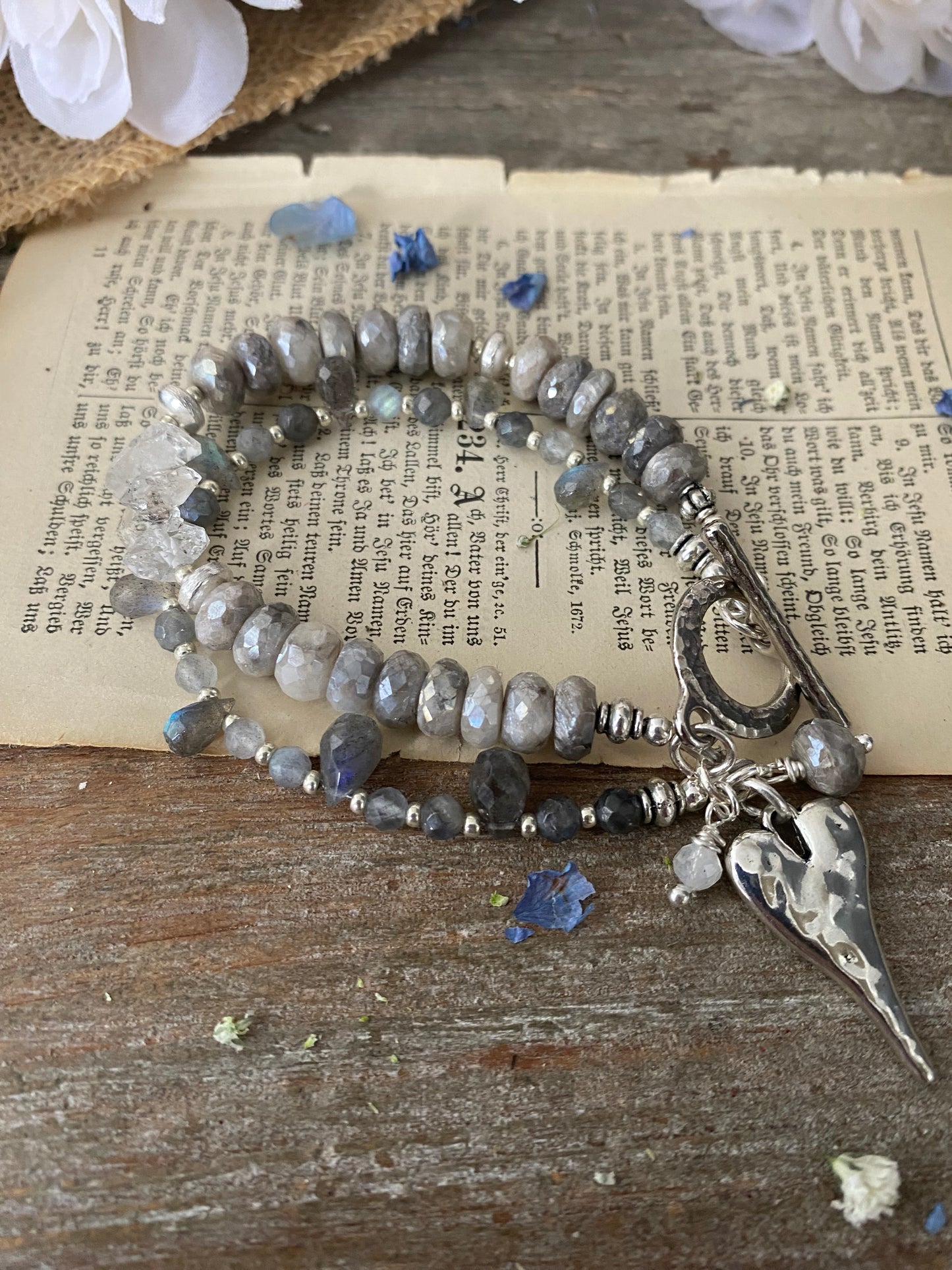 Moonstone, Herkimer diamonds, labradorite gemstone, silver metal, bracelet, jewelry - Andria Bieber Designs